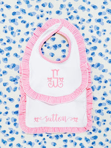 Pink Gingham Bow Bib + Burp