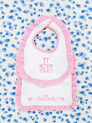 Pink Gingham Bow Bib + Burp